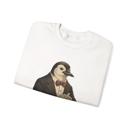 Penguin Poker Crewneck Sweatshirt — "Quitters Don't Hit Jackpots" Graphic